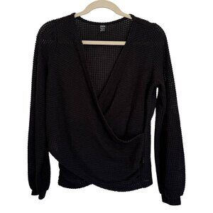 Women's Black Longsleeve Ribbed Knit Wrap Cross Sweater Top Size Medium Shein